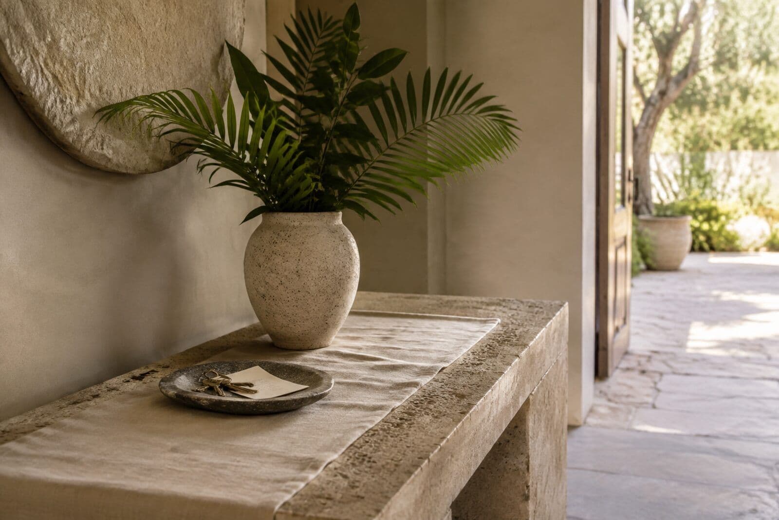 Clés posées dans une coupe de pierre sur une console, à l’entrée d’une villa