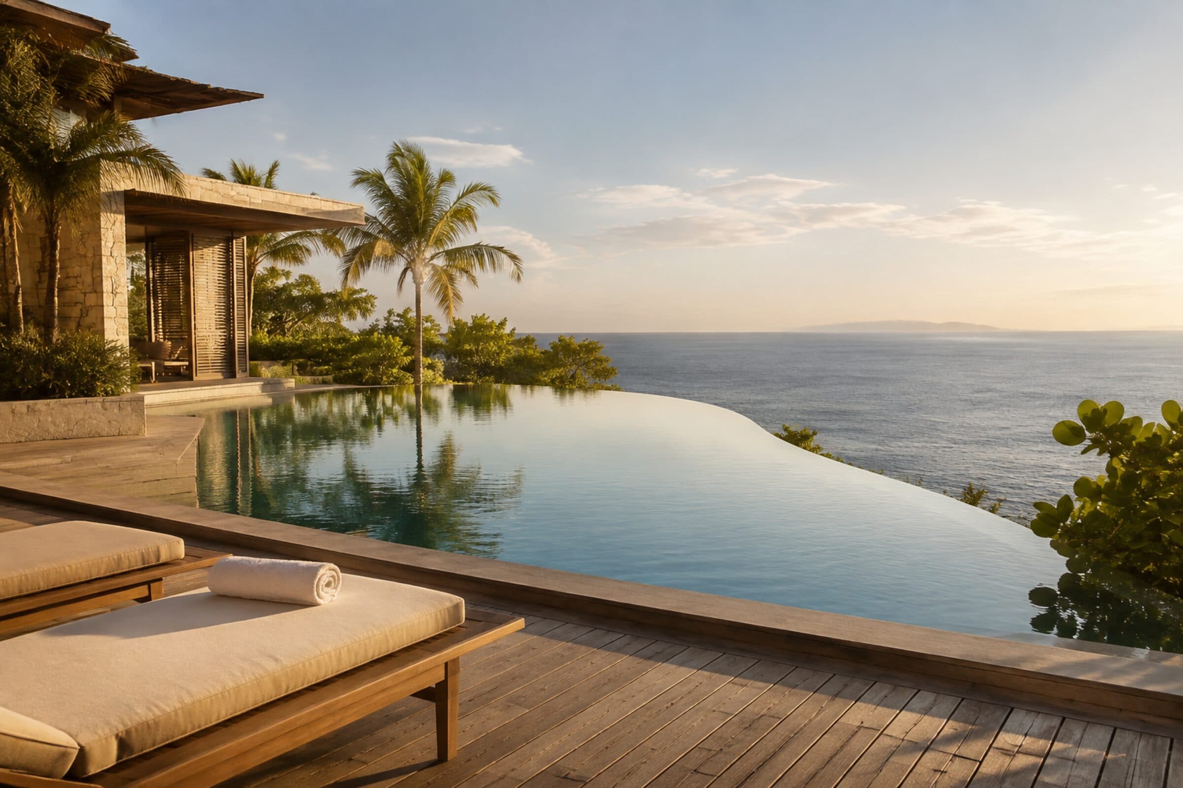 Villa avec piscine à débordement au-dessus de la baie, à la lumière du matin