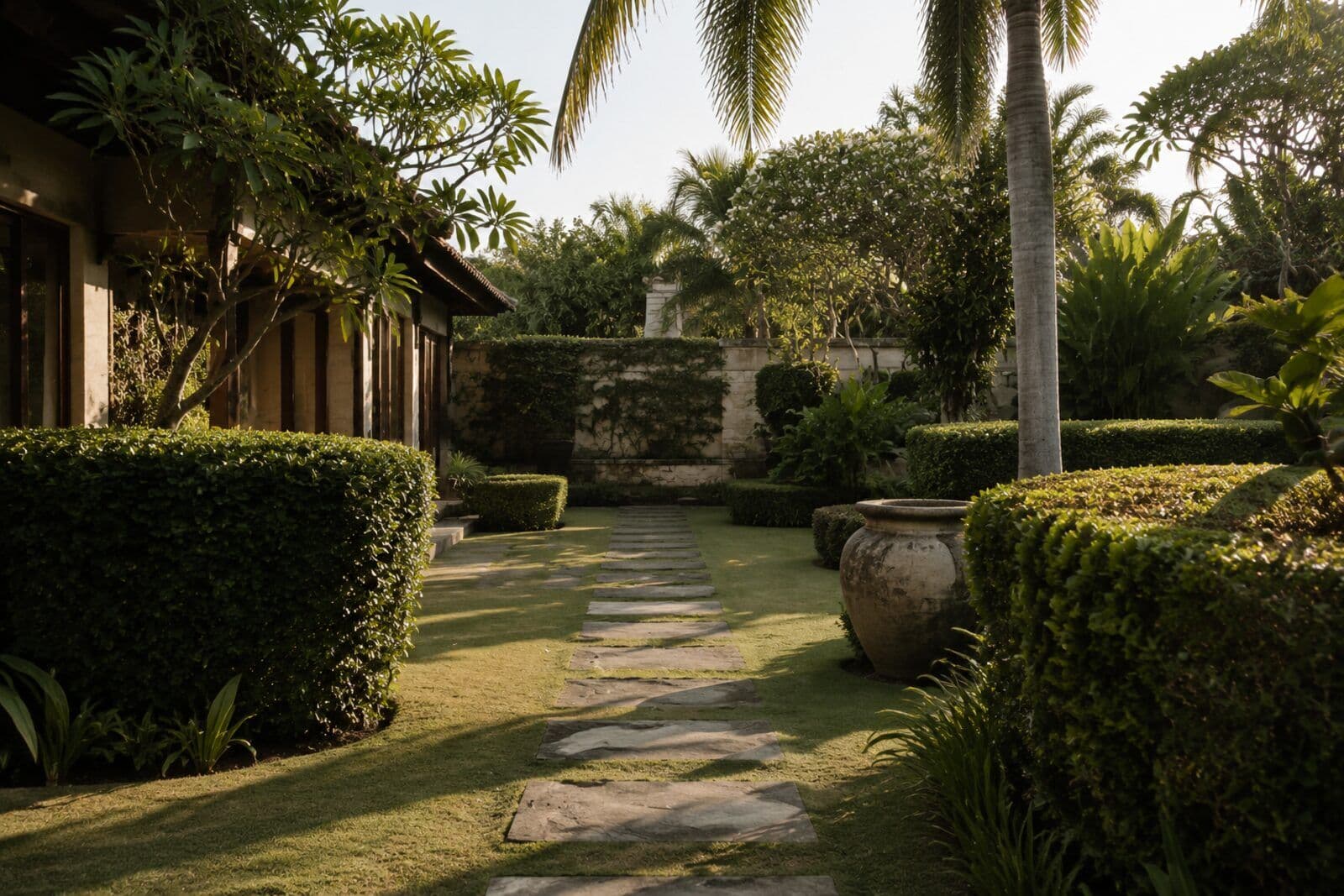 Allée de dalles entre des haies taillées et des palmiers, jardin de villa entretenu